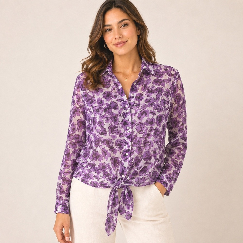Banana Republic Purple Floral Sheer Tie Front Blouse XL Button Up Romantic Boho